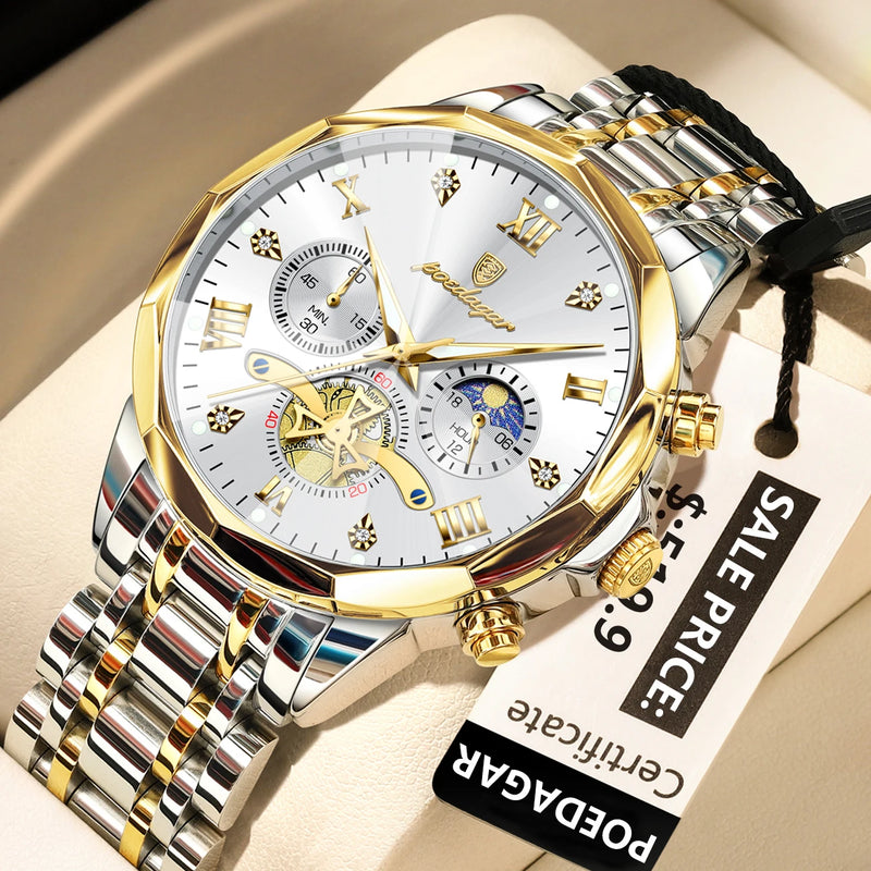 POEDAGAR Luxury Men's Watch, waterproof, chronograph, stainless steel bracelet.