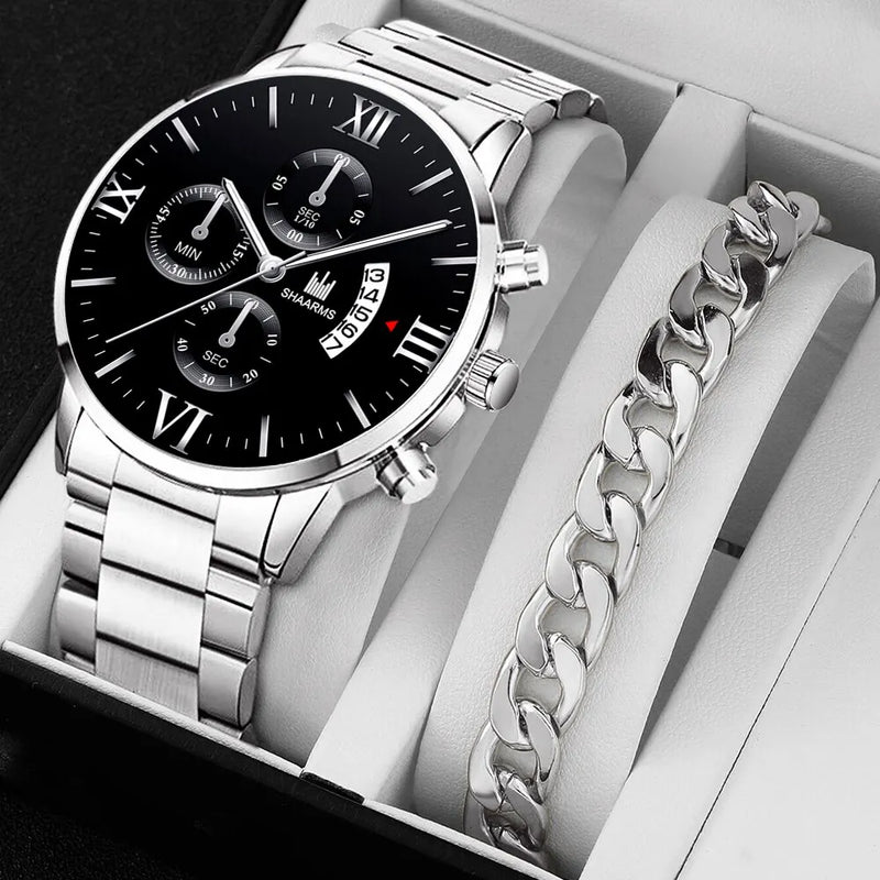 Men's Quartz Watch, business style, with calendar and stainless steel bracelet.