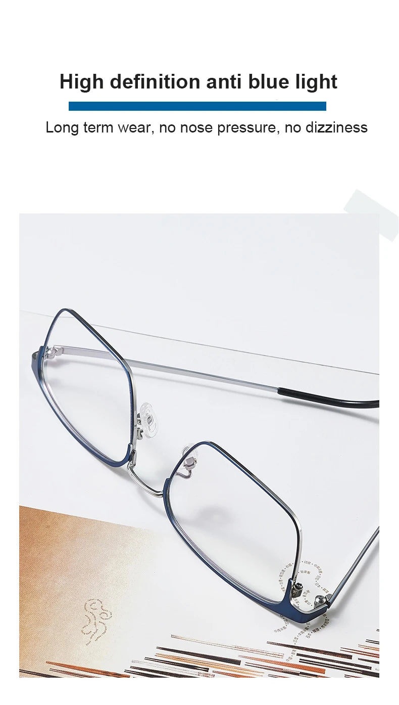 Unisex titanium prescription glasses with anti-reflective lenses and blue light filter.