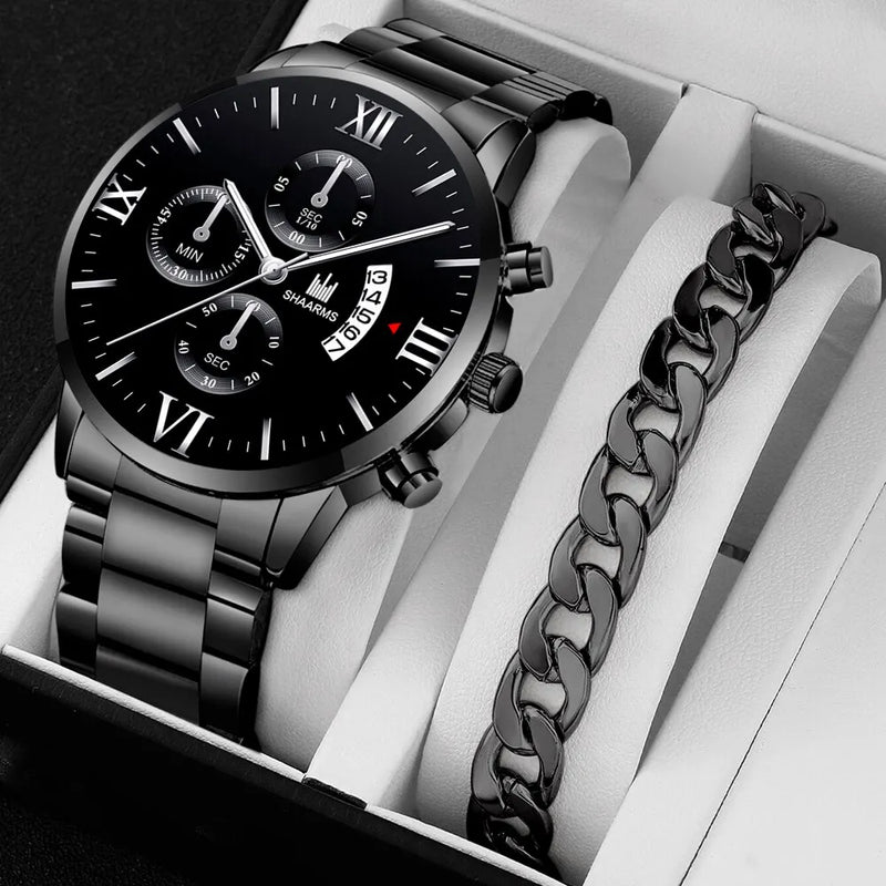 Men's Quartz Watch, business style, with calendar and stainless steel bracelet.