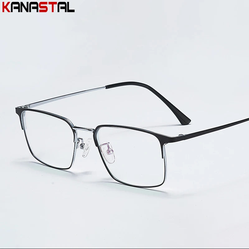Unisex titanium prescription glasses with anti-reflective lenses and blue light filter.