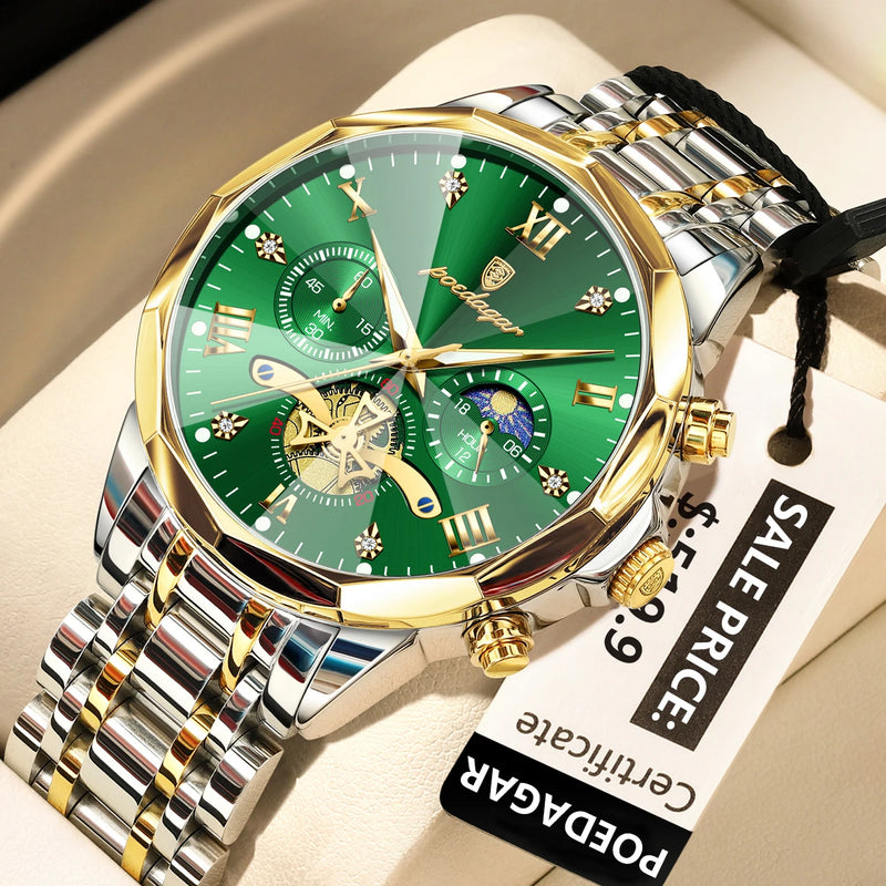 POEDAGAR Luxury Men's Watch, waterproof, chronograph, stainless steel bracelet.