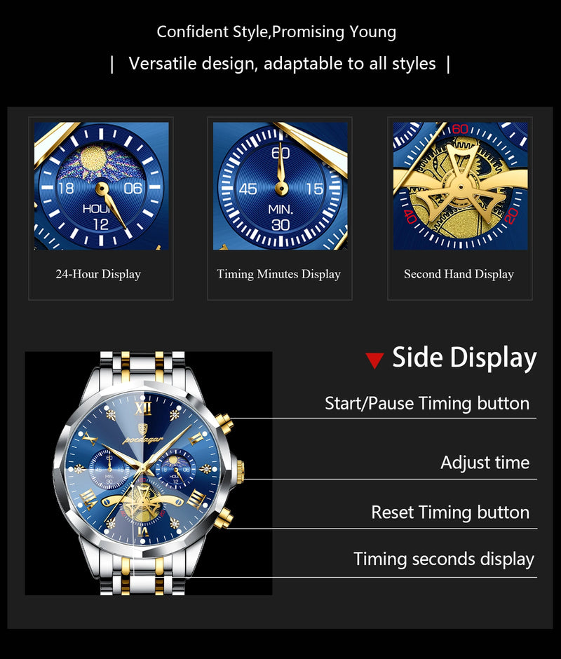 POEDAGAR Luxury Men's Watch, waterproof, chronograph, stainless steel bracelet.