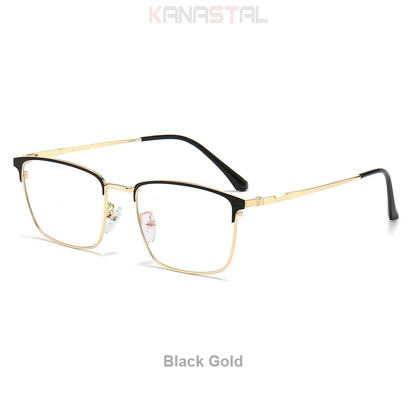 Unisex titanium prescription glasses with anti-reflective lenses and blue light filter.