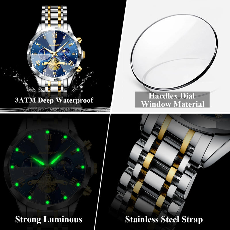 POEDAGAR Luxury Men's Watch, waterproof, chronograph, stainless steel bracelet.