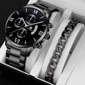 Men's Quartz Watch, business style, with calendar and stainless steel bracelet.