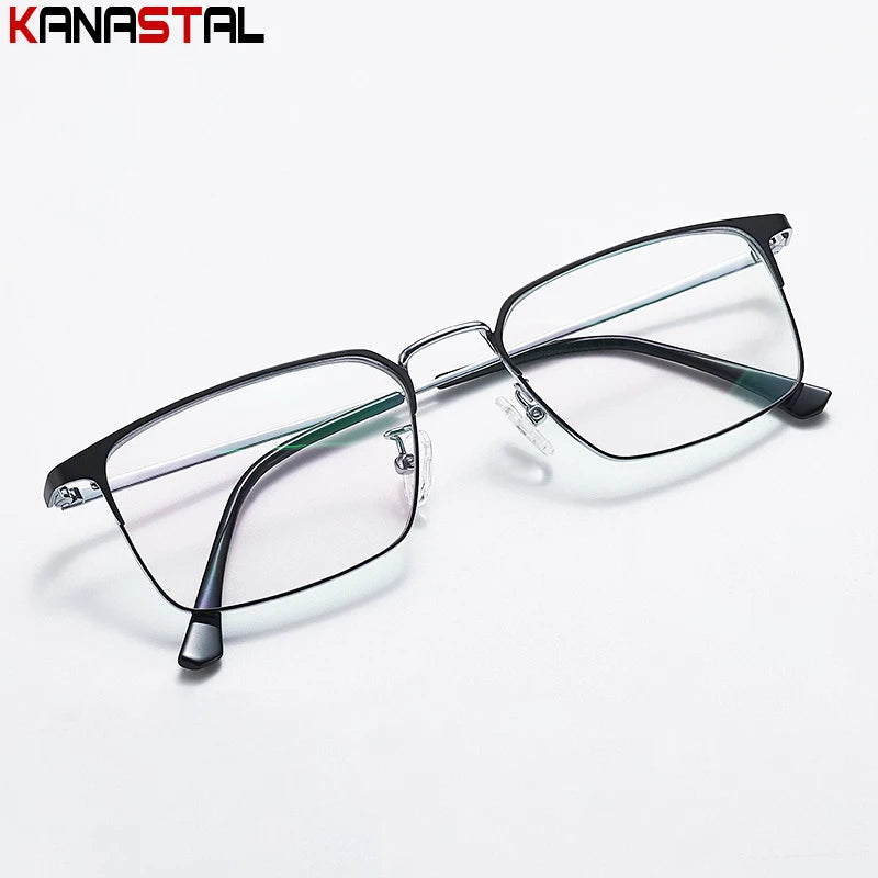 Unisex titanium prescription glasses with anti-reflective lenses and blue light filter.