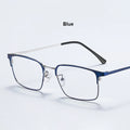Unisex titanium prescription glasses with anti-reflective lenses and blue light filter.