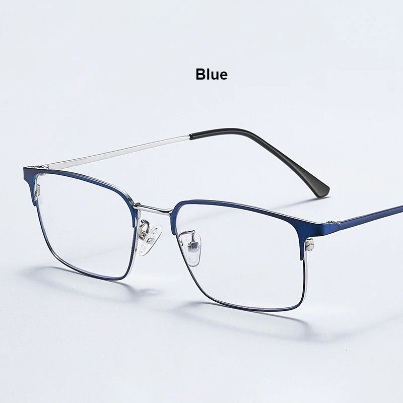 Unisex titanium prescription glasses with anti-reflective lenses and blue light filter.