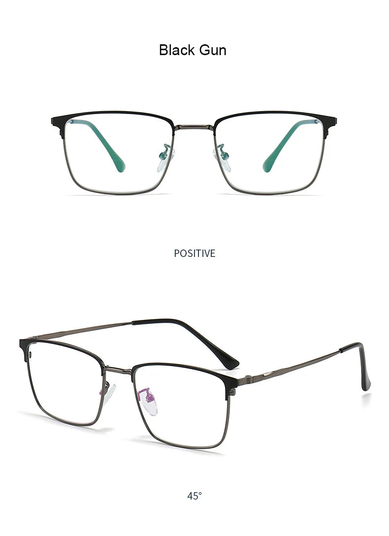 Unisex titanium prescription glasses with anti-reflective lenses and blue light filter.