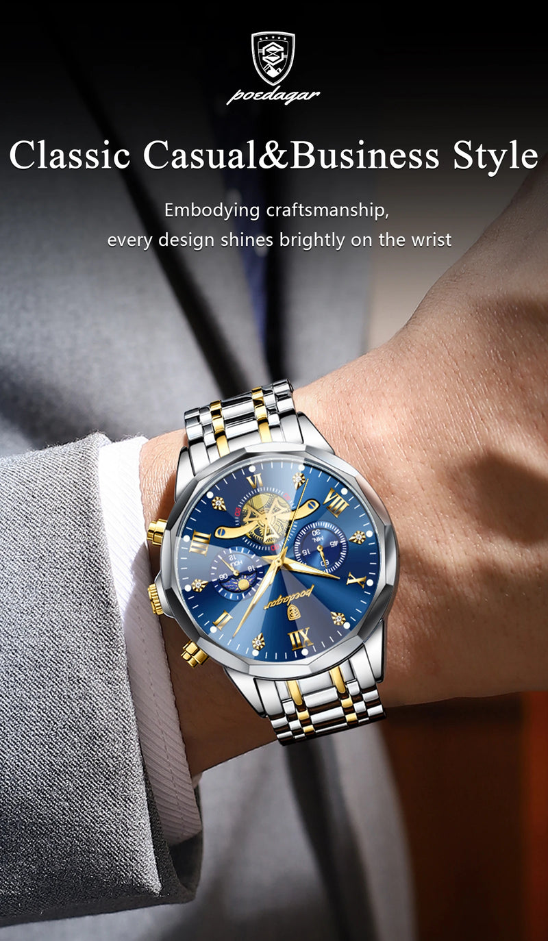 POEDAGAR Luxury Men's Watch, waterproof, chronograph, stainless steel bracelet.