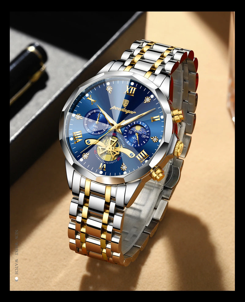 POEDAGAR Luxury Men's Watch, waterproof, chronograph, stainless steel bracelet.