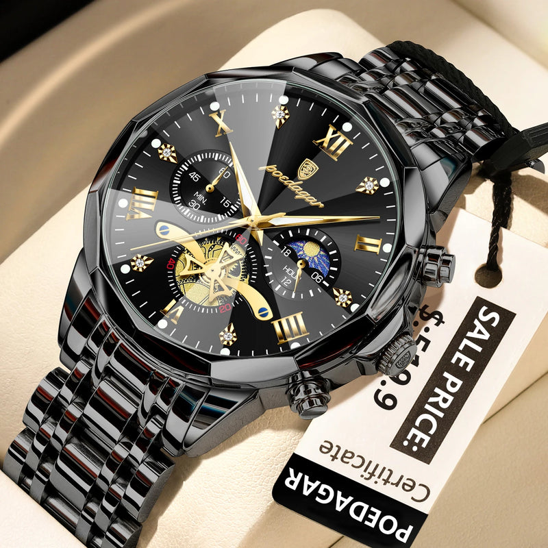 POEDAGAR Luxury Men's Watch, waterproof, chronograph, stainless steel bracelet.