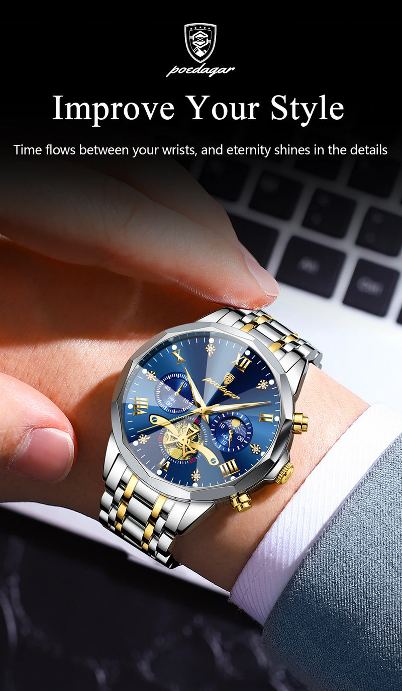 POEDAGAR Luxury Men's Watch, waterproof, chronograph, stainless steel bracelet.