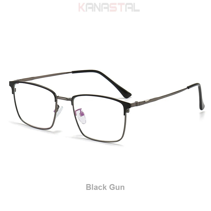Unisex titanium prescription glasses with anti-reflective lenses and blue light filter.
