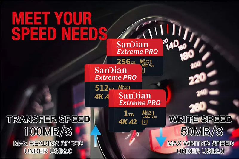 Micro SD TF Card Class 10 A2 U3, High Speed, 128GB–1TB, Ideal for Cell Phone, Camera and Drone.