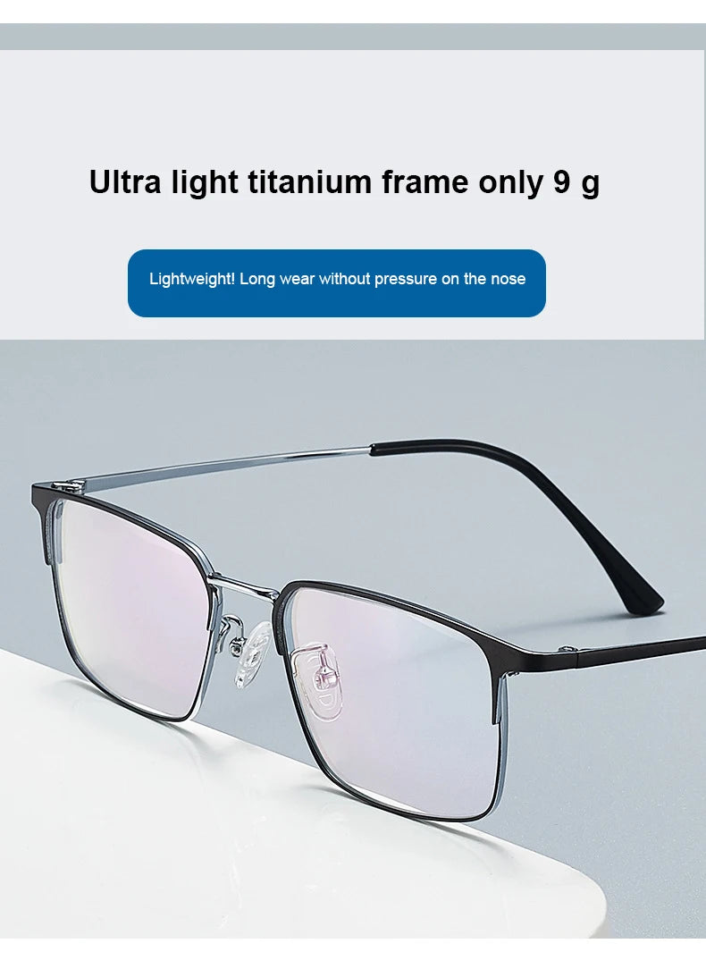 Unisex titanium prescription glasses with anti-reflective lenses and blue light filter.