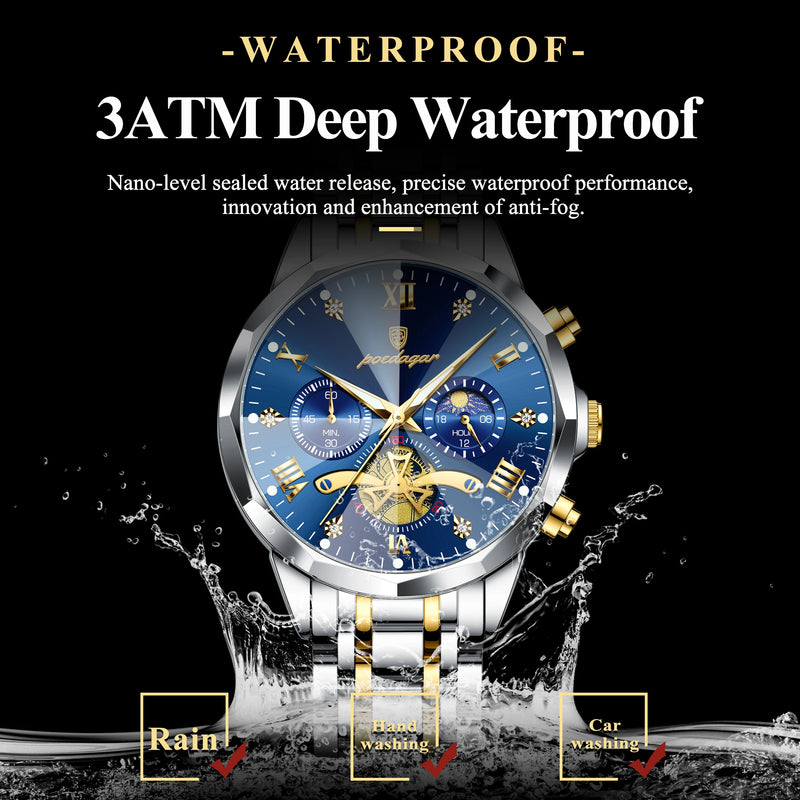 POEDAGAR Luxury Men's Watch, waterproof, chronograph, stainless steel bracelet.