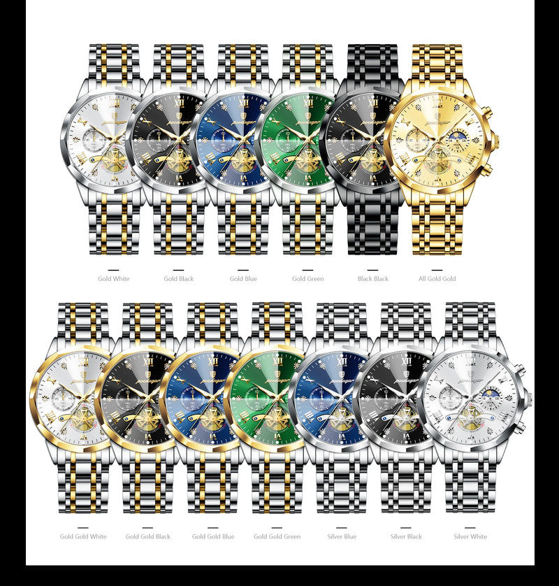 POEDAGAR Luxury Men's Watch, waterproof, chronograph, stainless steel bracelet.