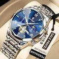POEDAGAR Luxury Men's Watch, waterproof, chronograph, stainless steel bracelet.