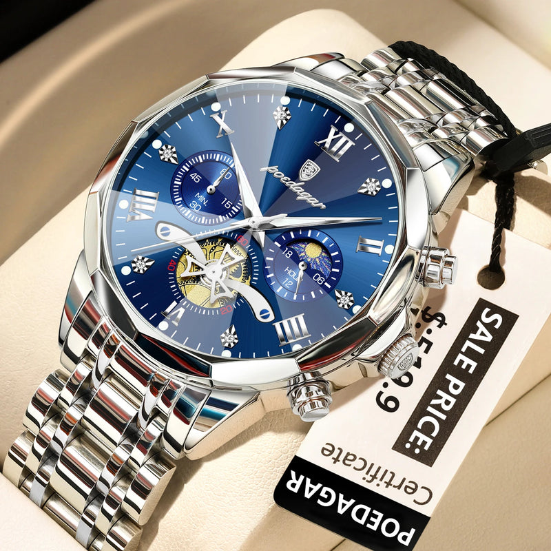 POEDAGAR Luxury Men's Watch, waterproof, chronograph, stainless steel bracelet.