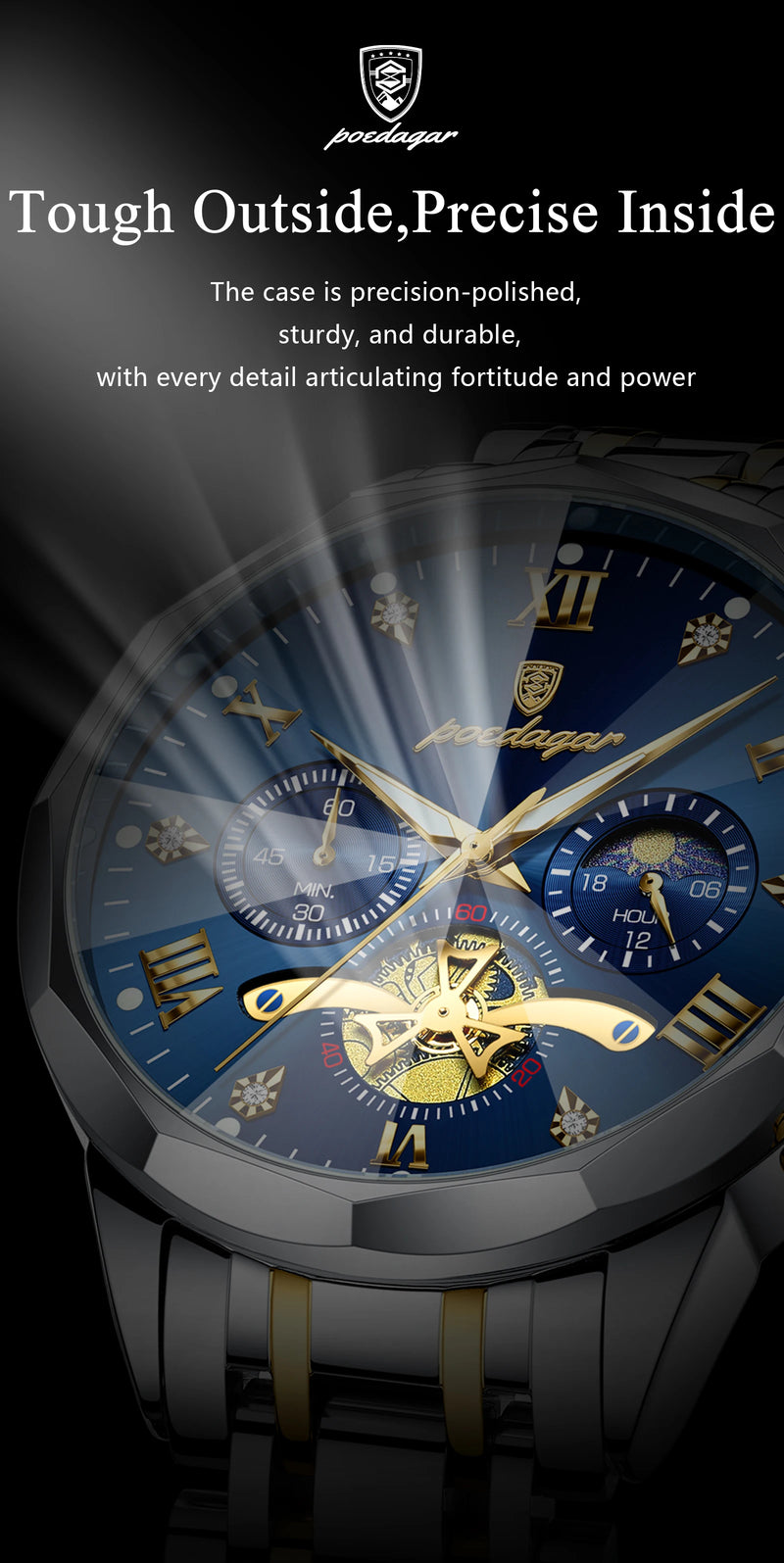 POEDAGAR Luxury Men's Watch, waterproof, chronograph, stainless steel bracelet.