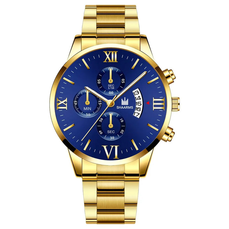 Men's Quartz Watch, business style, with calendar and stainless steel bracelet.