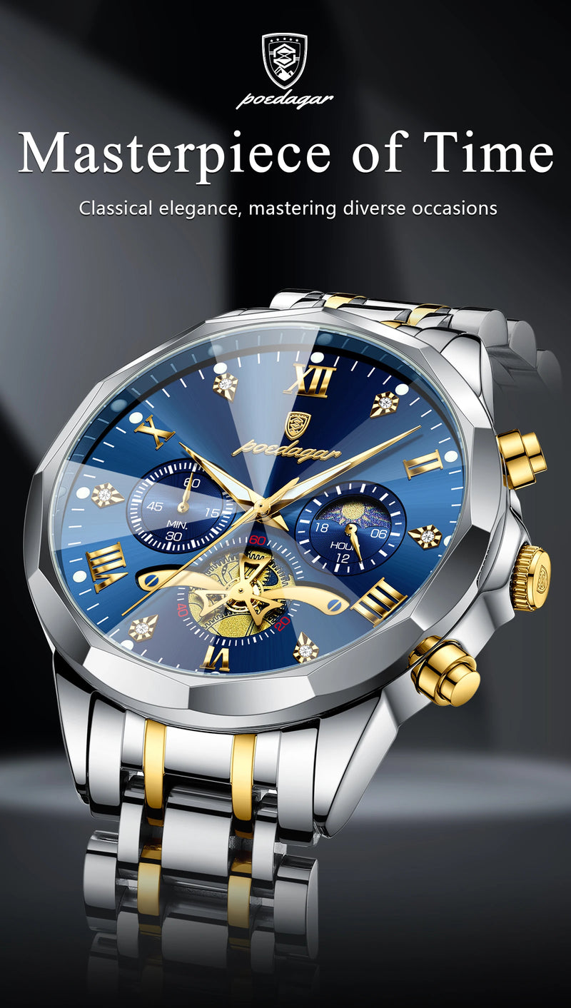 POEDAGAR Luxury Men's Watch, waterproof, chronograph, stainless steel bracelet.