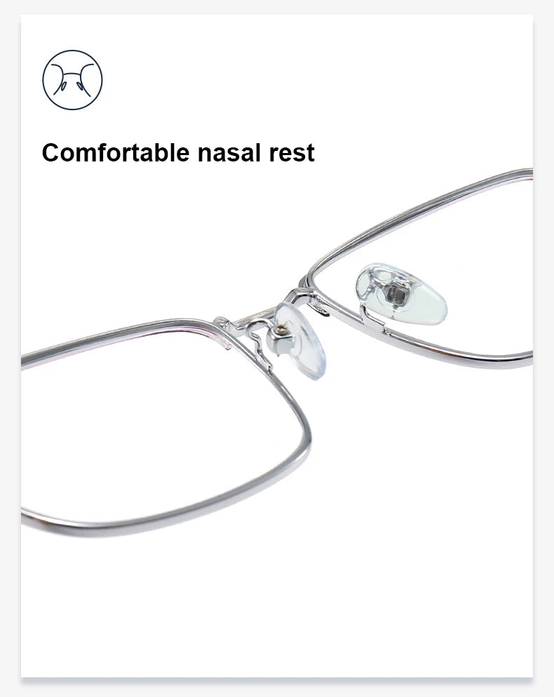 Unisex titanium prescription glasses with anti-reflective lenses and blue light filter.