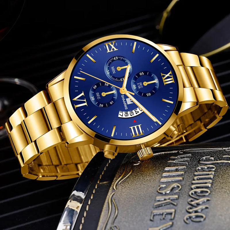 Men's Quartz Watch, business style, with calendar and stainless steel bracelet.