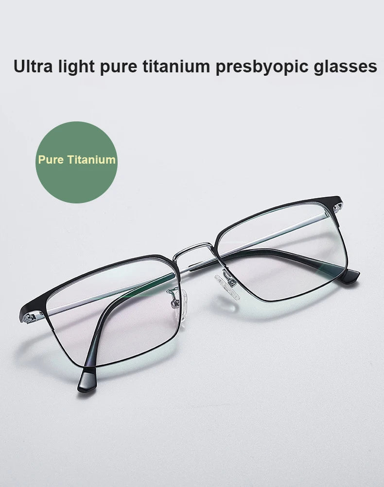 Unisex titanium prescription glasses with anti-reflective lenses and blue light filter.
